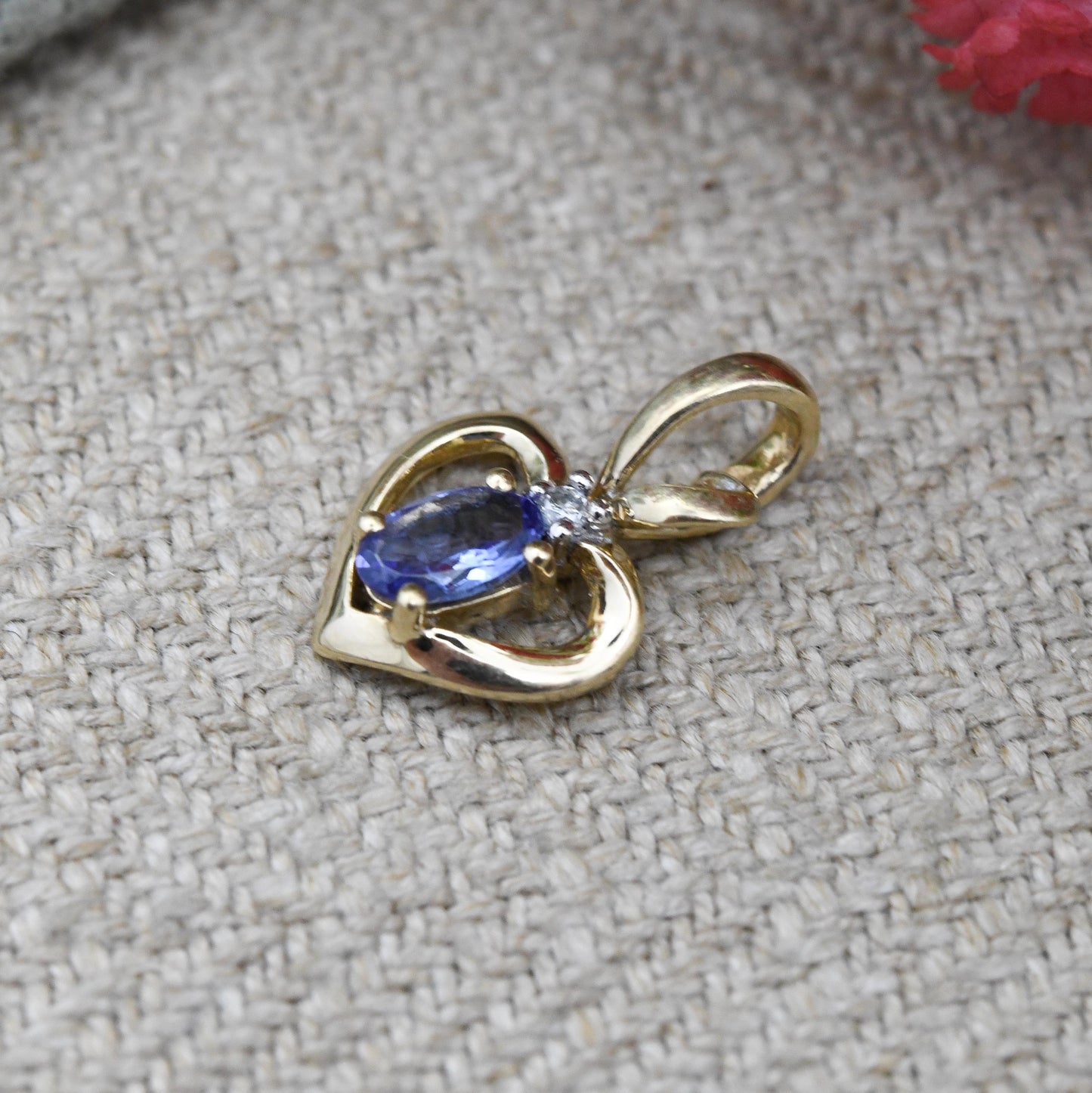 9ct Gold Tanzanite and Diamond Pendant Heart Apple Shape - Solid Gold Miniature Openwork Charm for Necklace Stack | Pretty Gift for Her