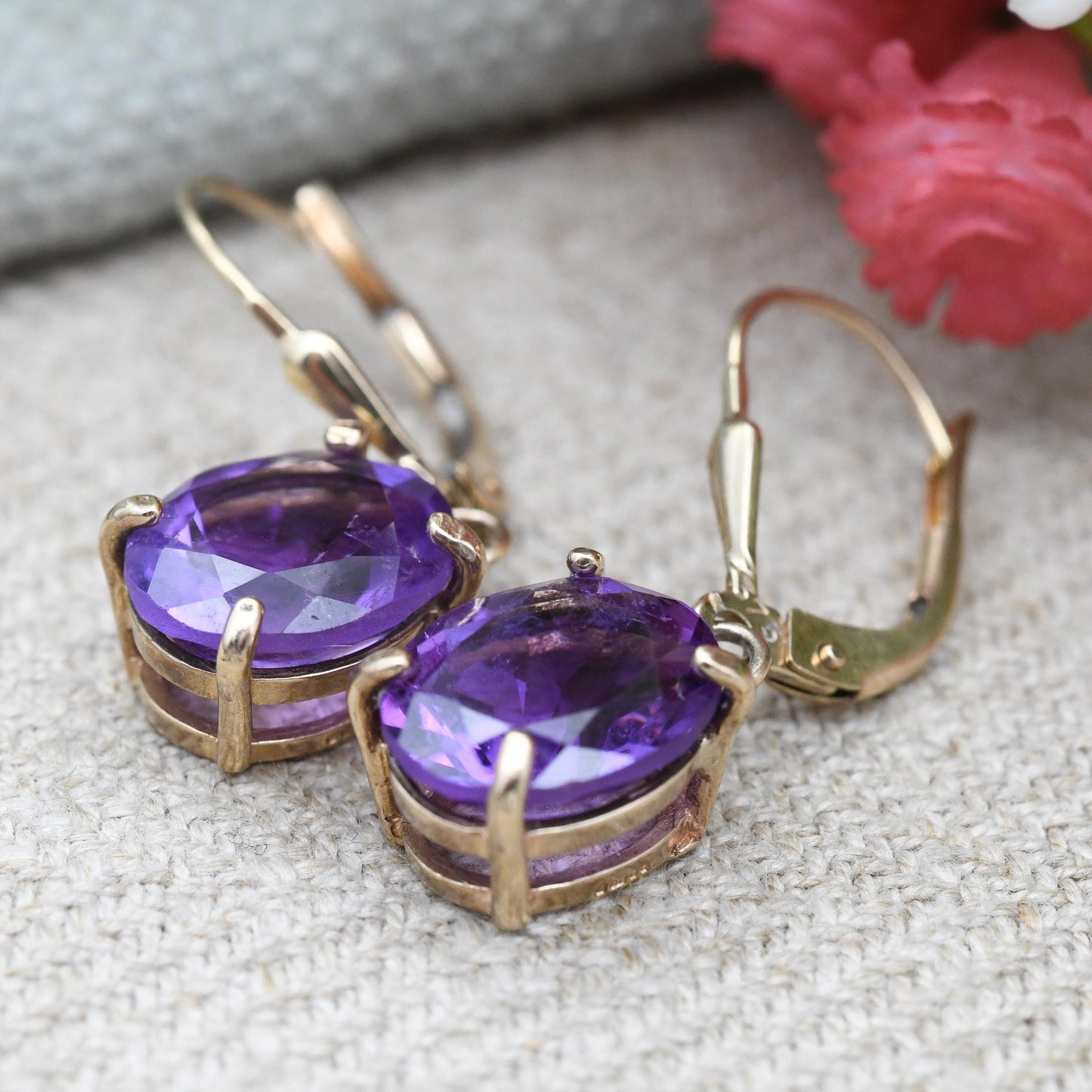 9ct Gold Amethyst Drop Earrings 2003 - Solid Gold Dangle Stud Earrings | Large Faceted Purple Gemstone | Pretty Jewellery Gift for Her