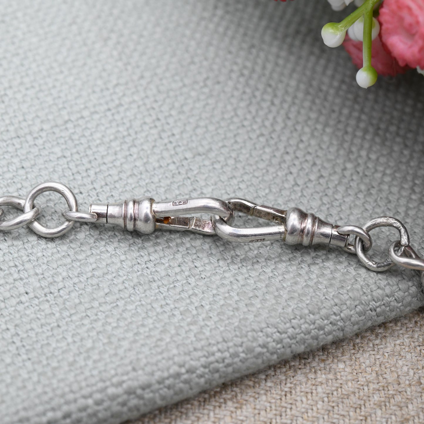 Antique Sterling Silver Double Albert Chain Necklace 1923 T-Bar Dog Clips 1968 by Edwin Page EP - Chester Hallmarks | Stamped to Every Link