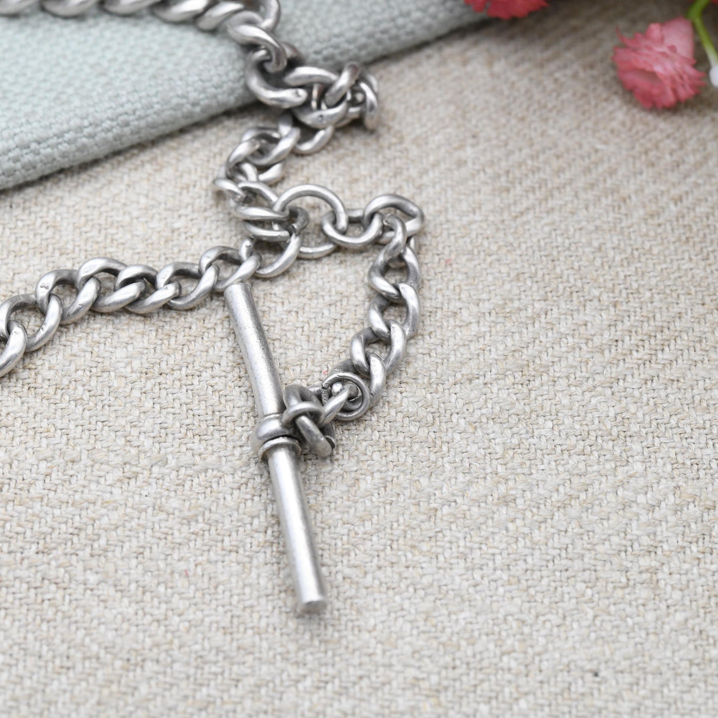 Antique Sterling Silver Double Albert Chain Necklace 1923 T-Bar Dog Clips 1968 by Edwin Page EP - Chester Hallmarks | Stamped to Every Link