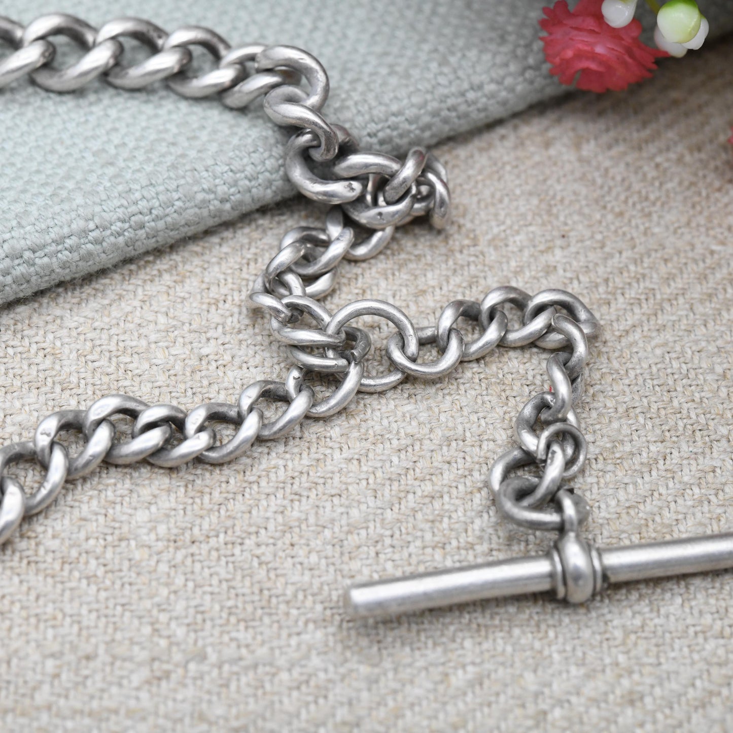 Antique Sterling Silver Double Albert Chain Necklace 1923 T-Bar Dog Clips 1968 by Edwin Page EP - Chester Hallmarks | Stamped to Every Link