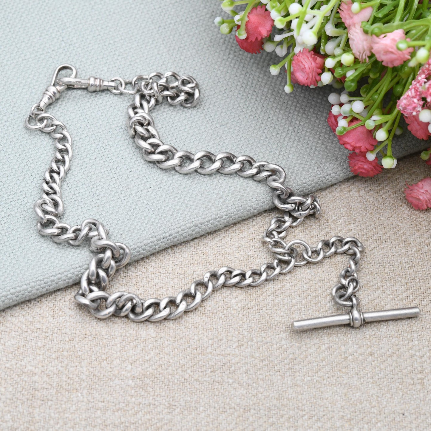 Antique Sterling Silver Double Albert Chain Necklace 1923 T-Bar Dog Clips 1968 by Edwin Page EP - Chester Hallmarks | Stamped to Every Link