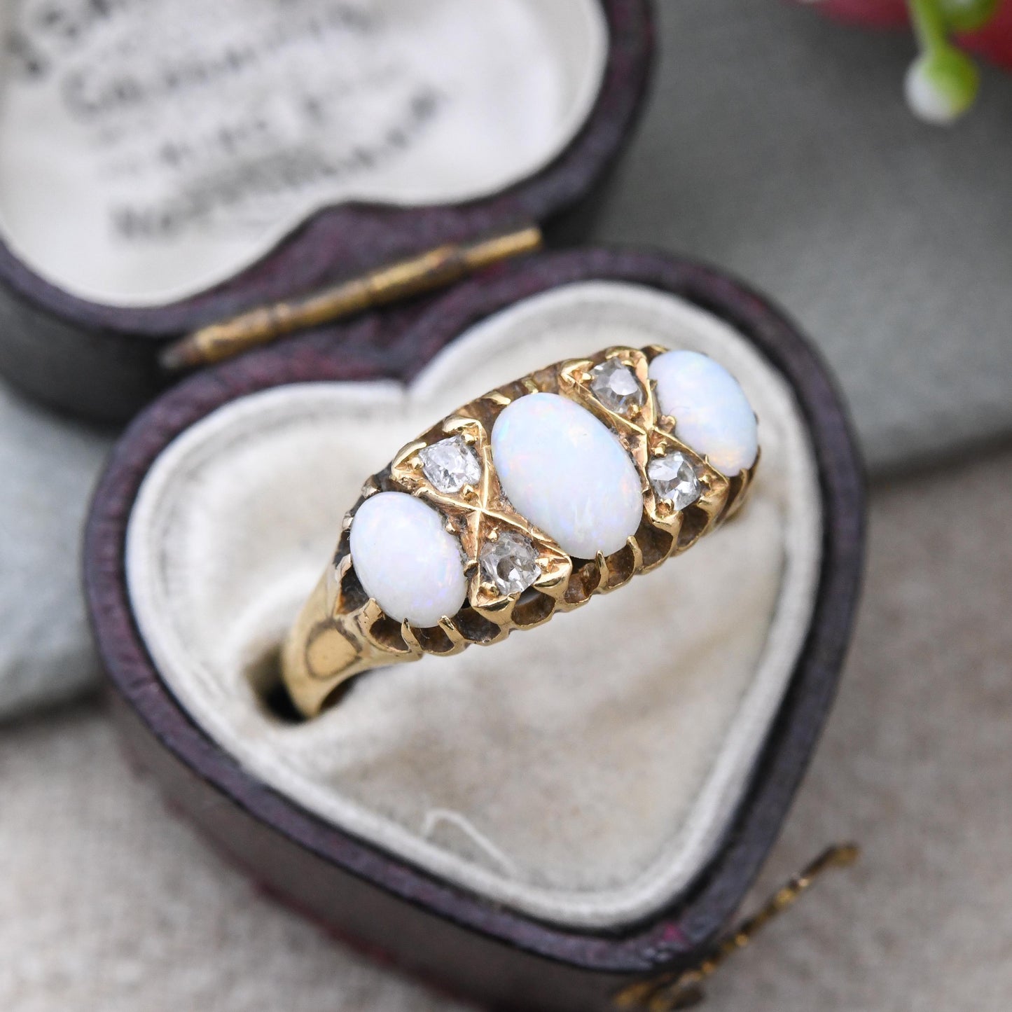 Antique 18ct Gold Opal Diamond Ring 1904 Edwardian - Oval Cabochon Three Stone with Old Cut Diamond Accents | UK Size - O | US Size - 7