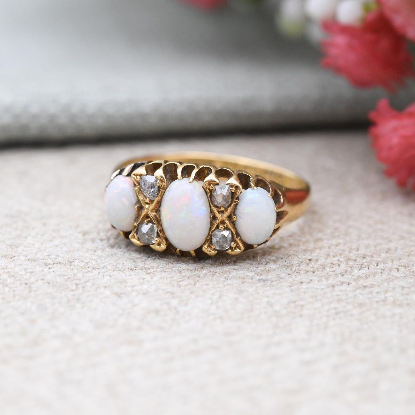 Antique 18ct Gold Opal Diamond Ring 1904 Edwardian - Oval Cabochon Three Stone with Old Cut Diamond Accents | UK Size - O | US Size - 7