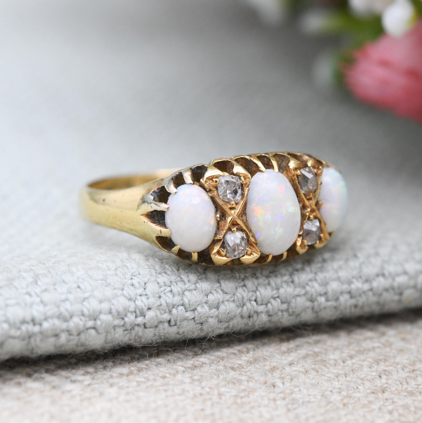 Antique 18ct Gold Opal Diamond Ring 1904 Edwardian - Oval Cabochon Three Stone with Old Cut Diamond Accents | UK Size - O | US Size - 7