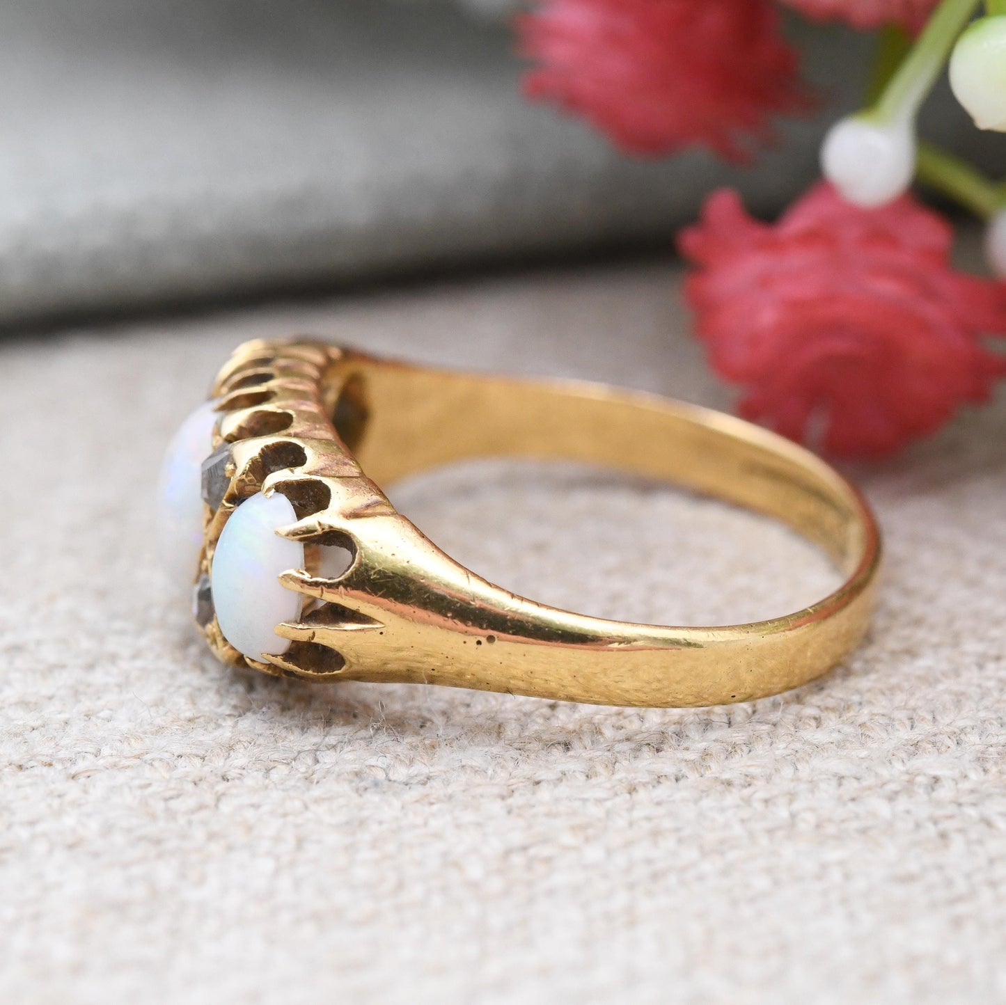 Antique 18ct Gold Opal Diamond Ring 1904 Edwardian - Oval Cabochon Three Stone with Old Cut Diamond Accents | UK Size - O | US Size - 7