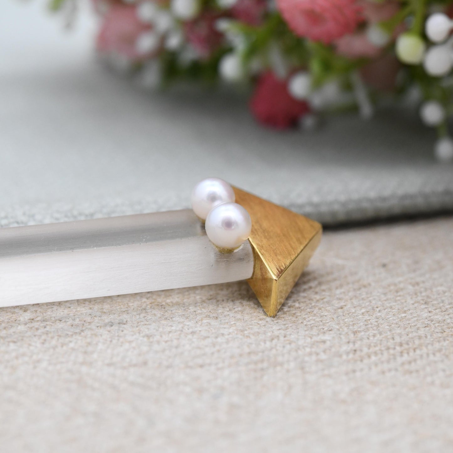 Vintage 18ct Gold Arrow Bar Brooch with Rock Crystal Coral Pearl - Cupid's Arrow Dart Statement Mid-Century Jewellery | Carved Coral Flower