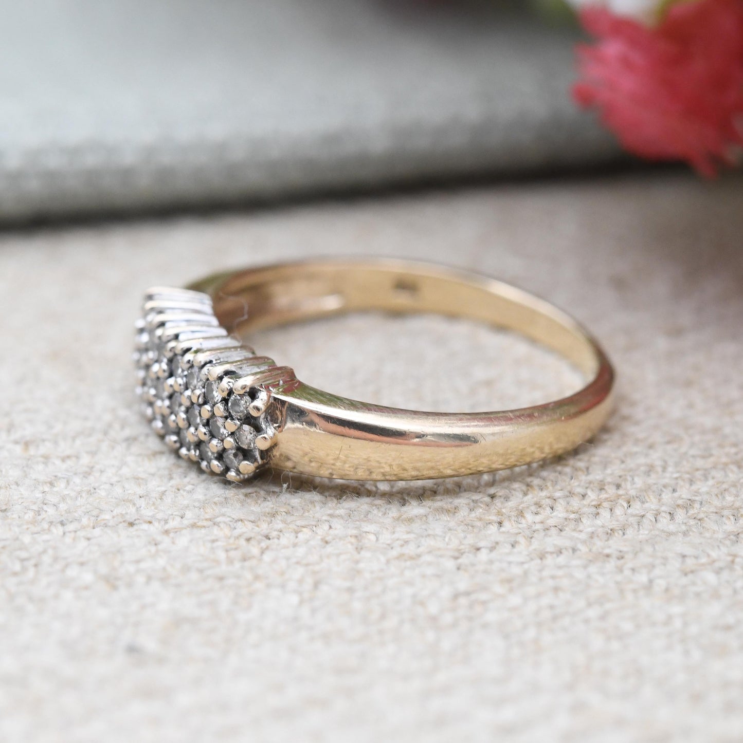 Vintage 9ct Gold and Diamond Cluster Ring 0.25 Carats 25 Points - Three Row Pave Diamond Stacking Ring | UK Size - O | US Size - 7 1/4