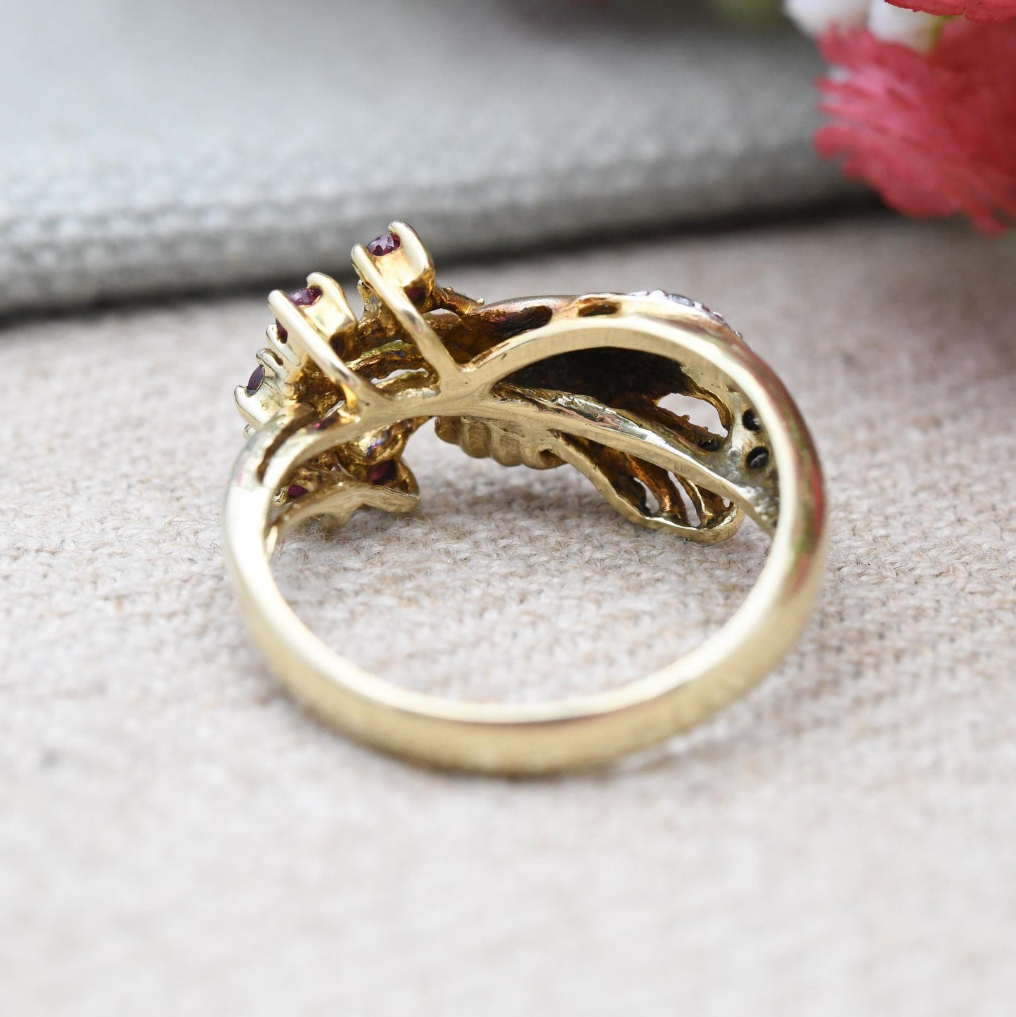 Vintage 14ct Gold Hand Ring Ruby and Diamond Hand Holding Flowers 1990 - Victorian Style Sentimental Figure Ring | UK Size N | US Size 6 3/4
