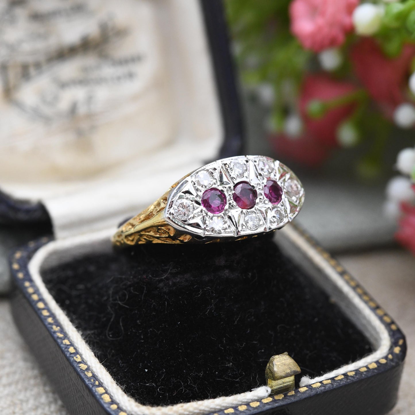 Vintage 18ct Gold Ruby and Diamond Boat Ring Flush Gemstone Cluster - Statement Occasional Anniversary Gift | UK Size - O | US Size - 7 1/4