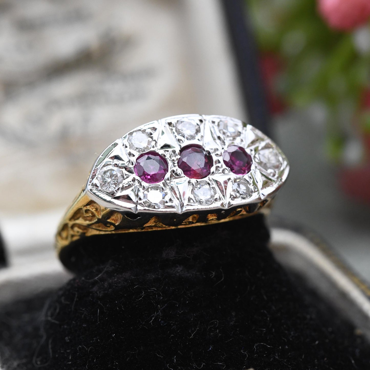 Vintage 18ct Gold Ruby and Diamond Boat Ring Flush Gemstone Cluster - Statement Occasional Anniversary Gift | UK Size - O | US Size - 7 1/4