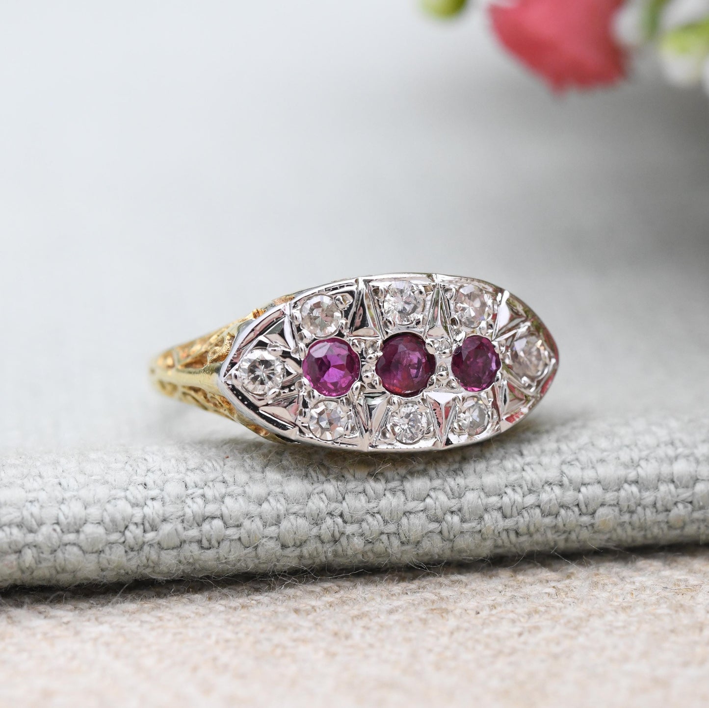 Vintage 18ct Gold Ruby and Diamond Boat Ring Flush Gemstone Cluster - Statement Occasional Anniversary Gift | UK Size - O | US Size - 7 1/4