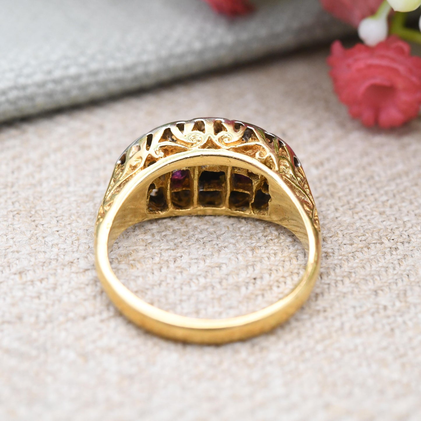 Vintage 18ct Gold Ruby and Diamond Boat Ring Flush Gemstone Cluster - Statement Occasional Anniversary Gift | UK Size - O | US Size - 7 1/4