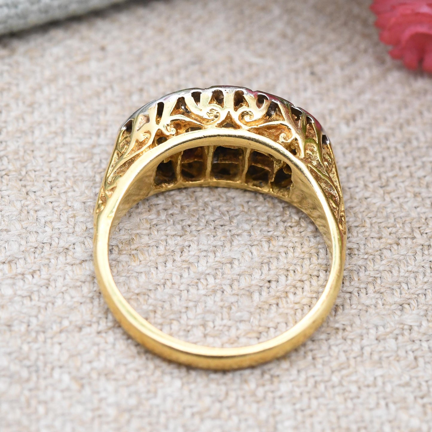 Vintage 18ct Gold Ruby and Diamond Boat Ring Flush Gemstone Cluster - Statement Occasional Anniversary Gift | UK Size - O | US Size - 7 1/4