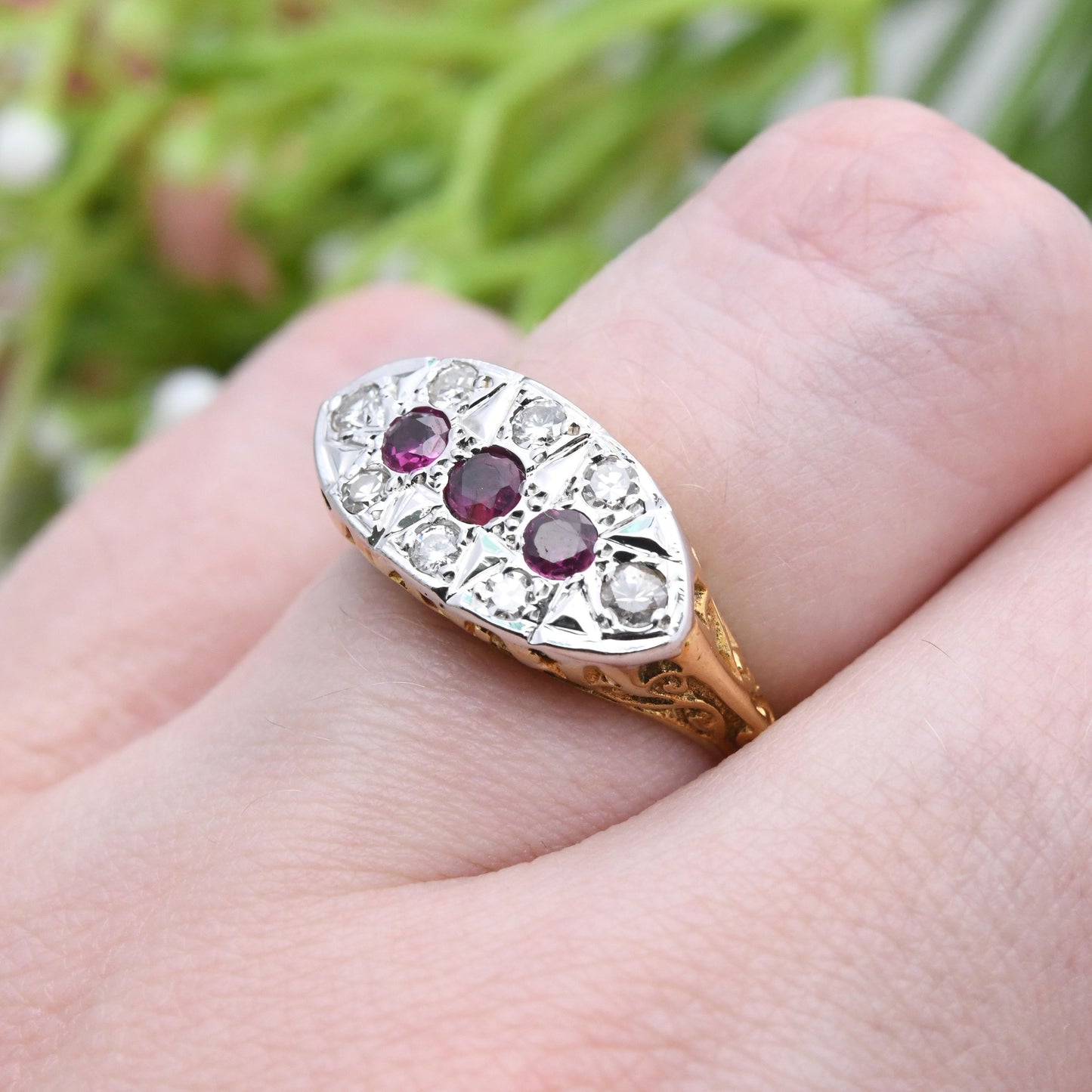 Vintage 18ct Gold Ruby and Diamond Boat Ring Flush Gemstone Cluster - Statement Occasional Anniversary Gift | UK Size - O | US Size - 7 1/4
