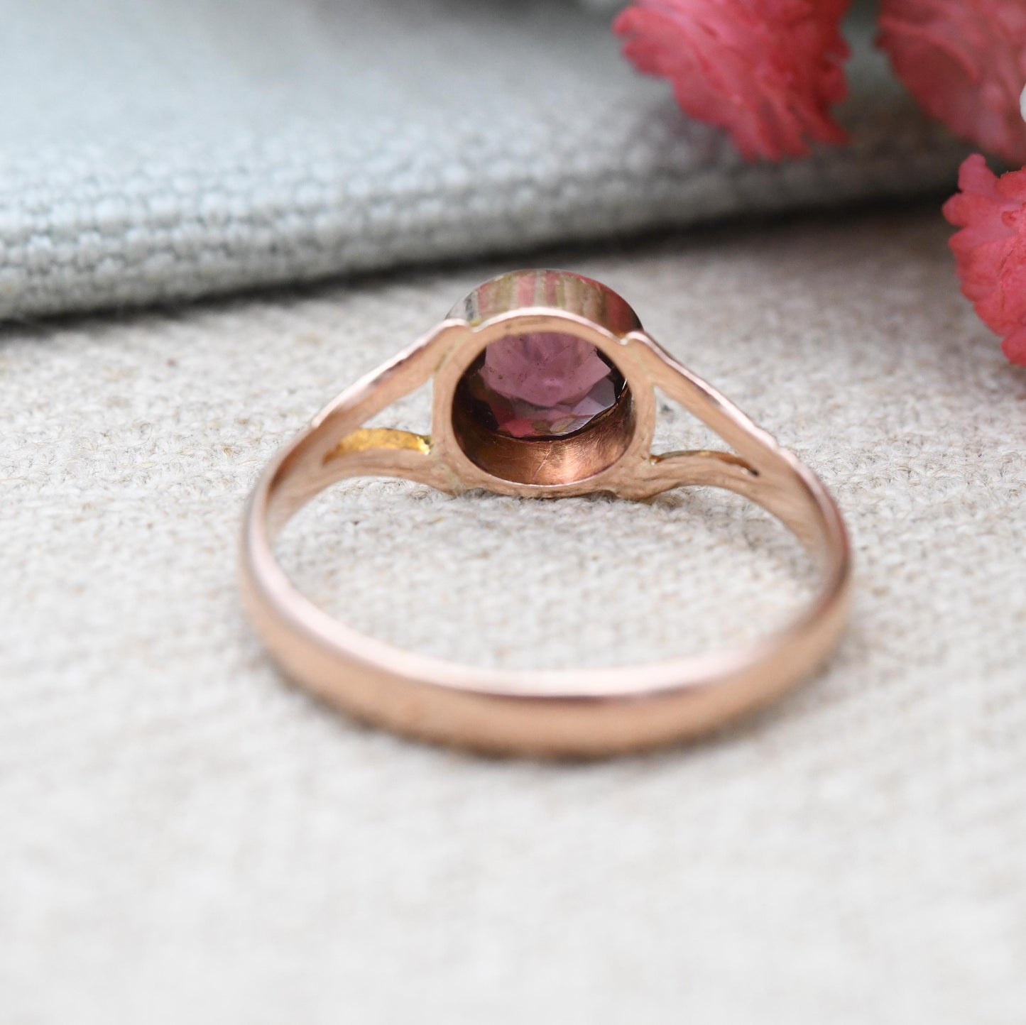 Antique Edwardian 9ct Gold Ring with Purple Paste Stone 1912 - Antique Rose Gold Bezel Glass Stone Ring | UK Size - P | US Size - 7 3/4