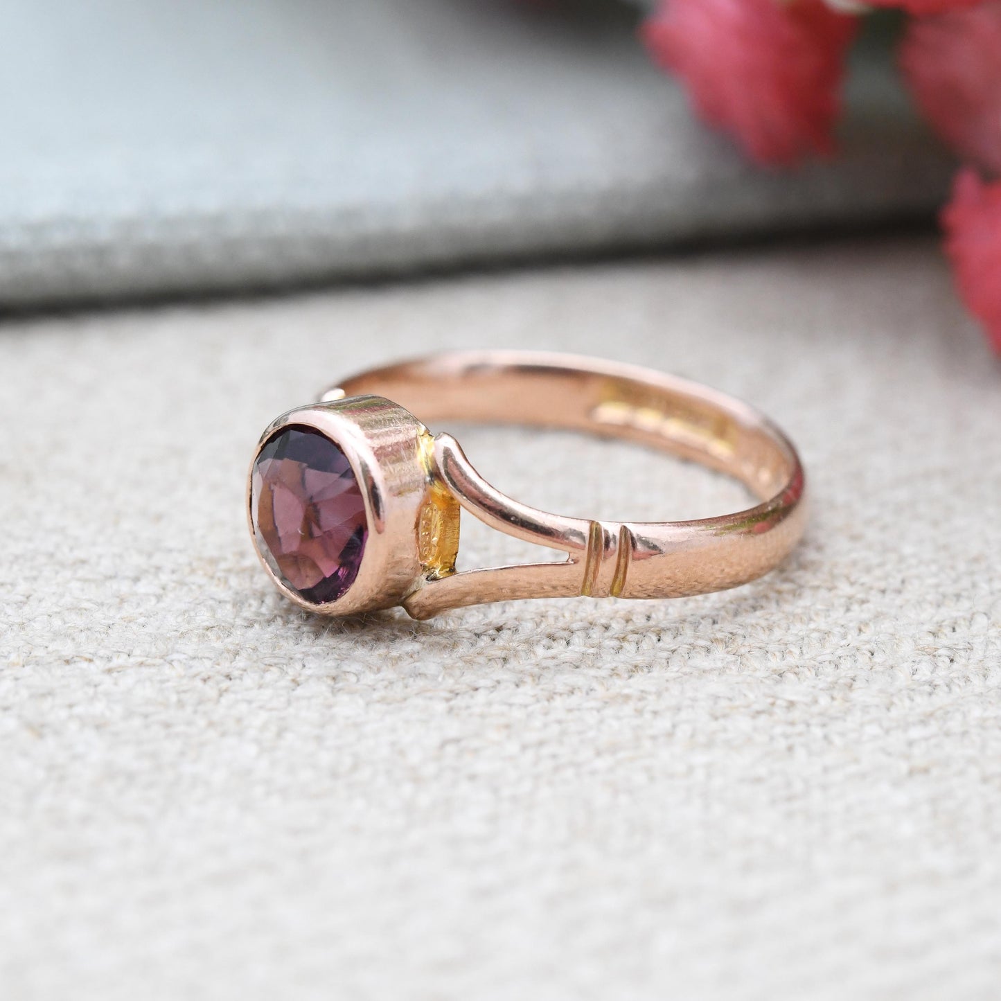 Antique Edwardian 9ct Gold Ring with Purple Paste Stone 1912 - Antique Rose Gold Bezel Glass Stone Ring | UK Size - P | US Size - 7 3/4