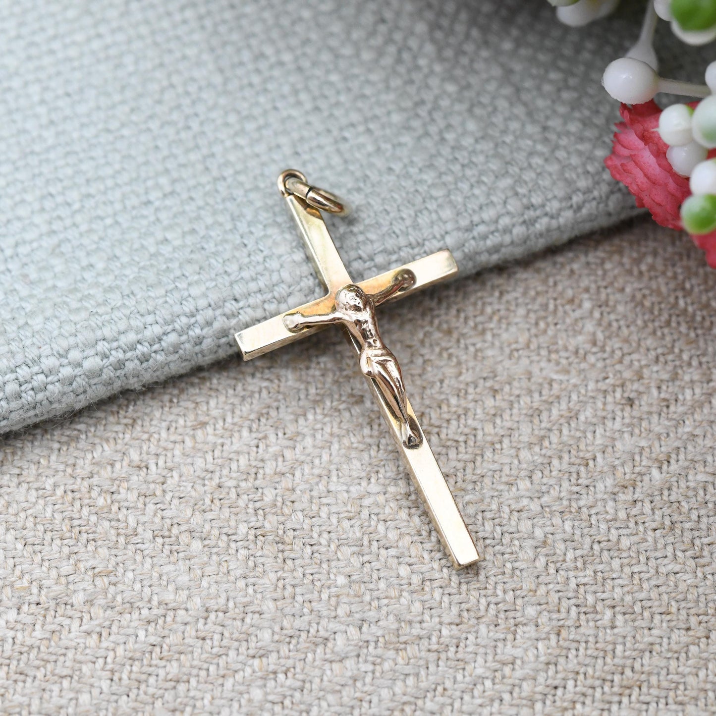 Vintage 9ct Gold Jesus on the Cross Pendant 1973 - Mid-Century Solid Yellow Gold Jewellery Christian Religious Necklace Christening Baptism