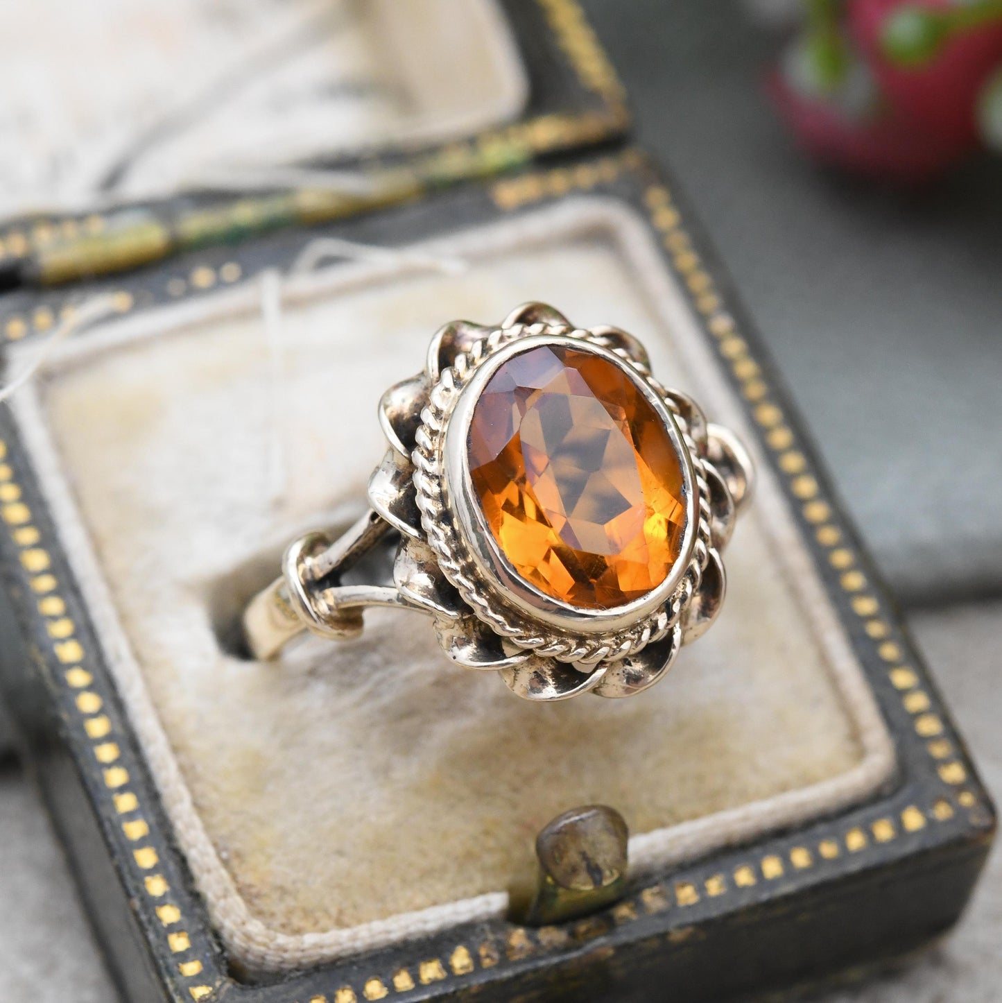 Vintage 9ct Gold Citrine Ring 1972 Large Orange Stone LAQ - Twisted Bezel Set Faceted Cocktail Dress Ring | UK Size - L 1/2 US Size - 6