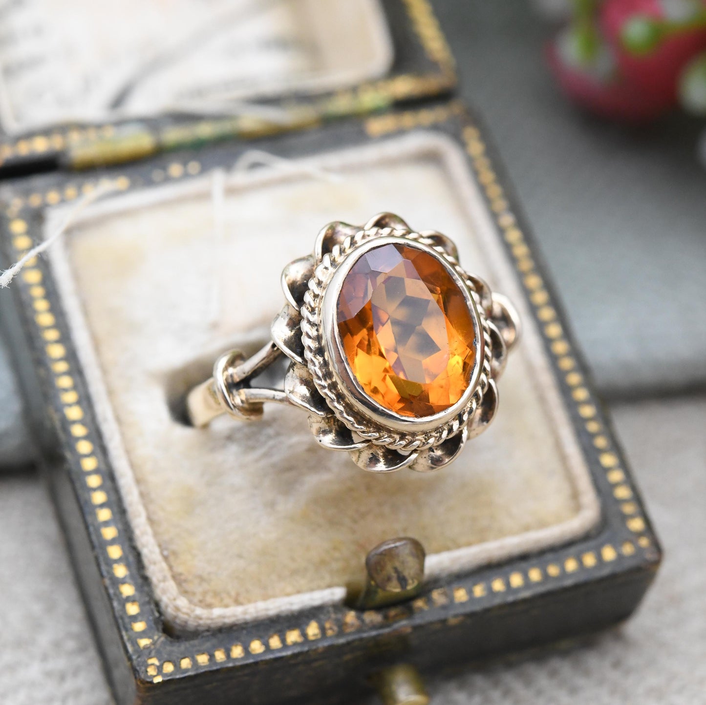 Vintage 9ct Gold Citrine Ring 1972 Large Orange Stone LAQ - Twisted Bezel Set Faceted Cocktail Dress Ring | UK Size - L 1/2 US Size - 6