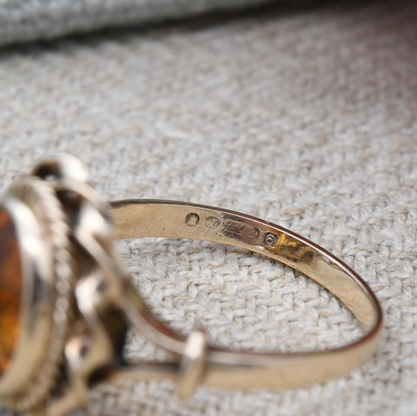 Vintage 9ct Gold Citrine Ring 1972 Large Orange Stone LAQ - Twisted Bezel Set Faceted Cocktail Dress Ring | UK Size - L 1/2 US Size - 6