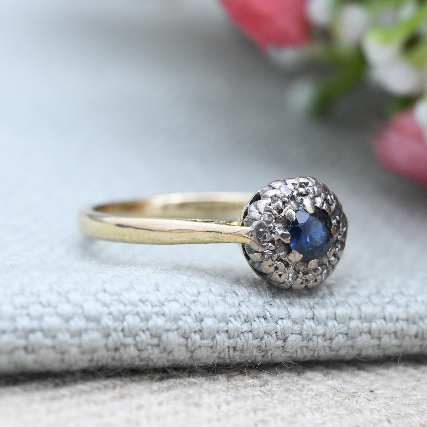 Vintage 18ct Gold Sapphire and Diamond Halo Ring 1994 - Blue Stone Engagement Ring | Yellow Gold Jewellery | UK Size - P 1/2 US Size - 7 3/4