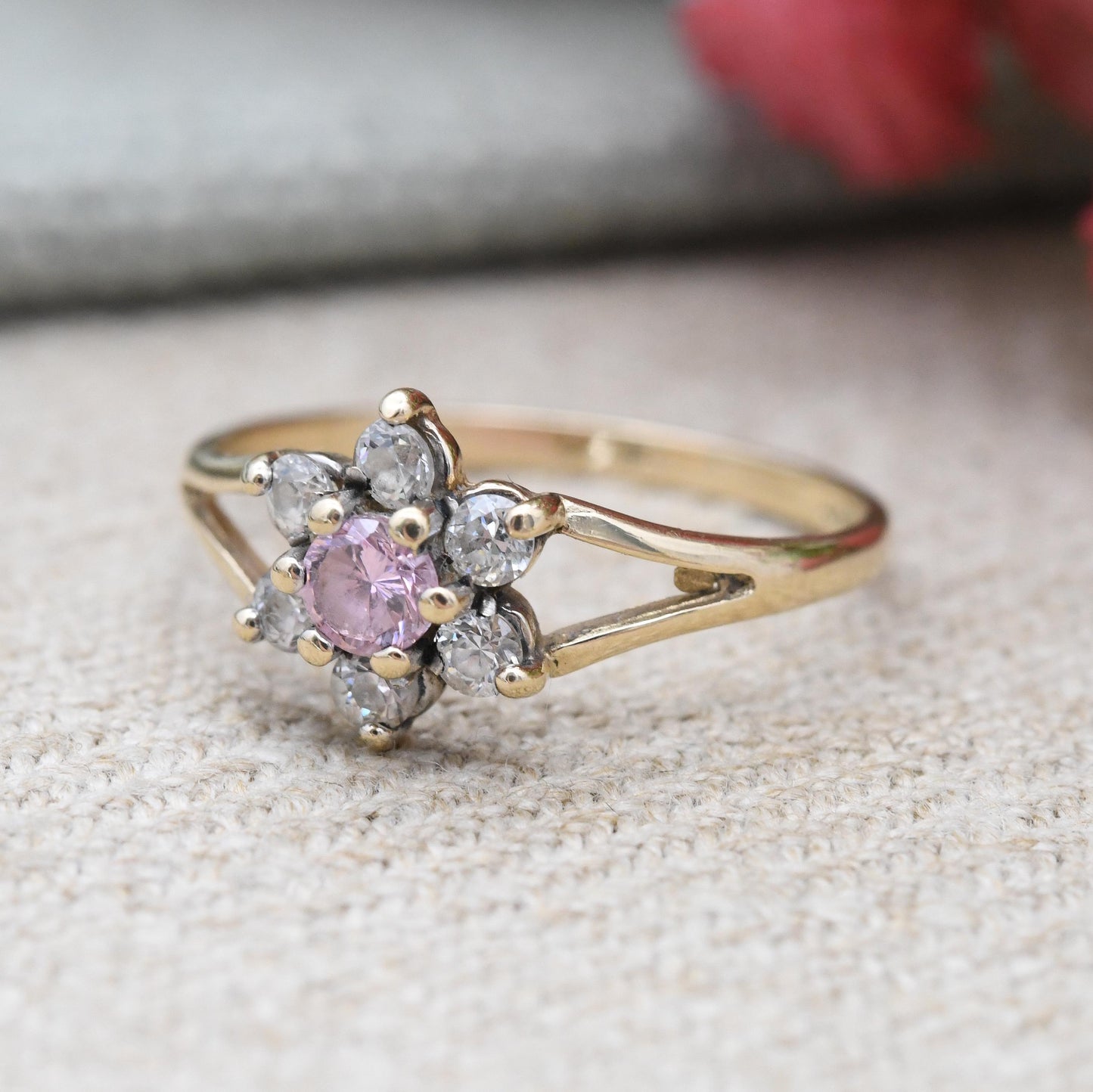 Vintage 9ct Gold Floral Cluster Ring with Pink CZ Clear Stone Halo c. 1980s - Occasional Dress Ring Gift | UK Size - M 1/2 | US Size - 6 1/2