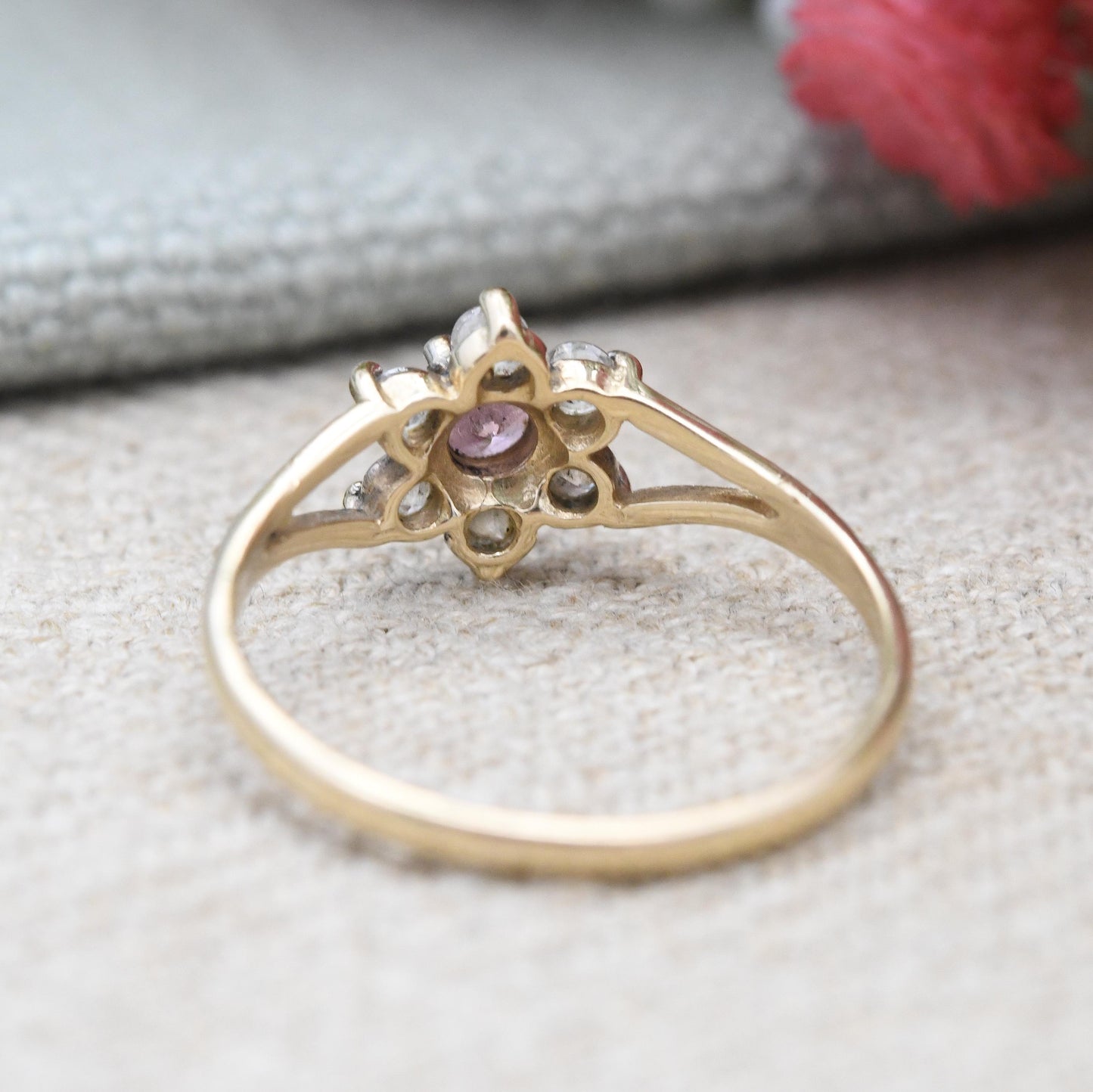 Vintage 9ct Gold Floral Cluster Ring with Pink CZ Clear Stone Halo c. 1980s - Occasional Dress Ring Gift | UK Size - M 1/2 | US Size - 6 1/2