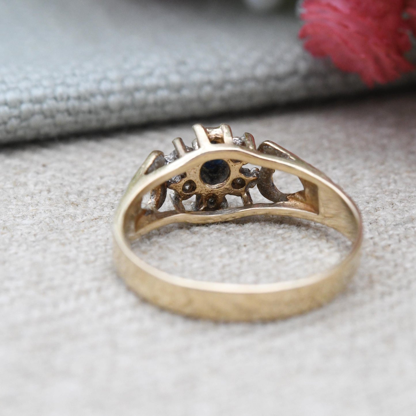 Vintage 9ct Gold Diamond and Sapphire Floral Cluster Ring 1978 with Open Heart Shoulders - Deep Blue | Small UK Size - K | US Size - 5 1/4
