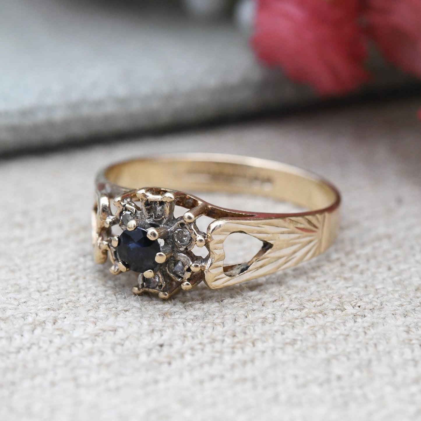 Vintage 9ct Gold Diamond and Sapphire Floral Cluster Ring 1978 with Open Heart Shoulders - Deep Blue | Small UK Size - K | US Size - 5 1/4