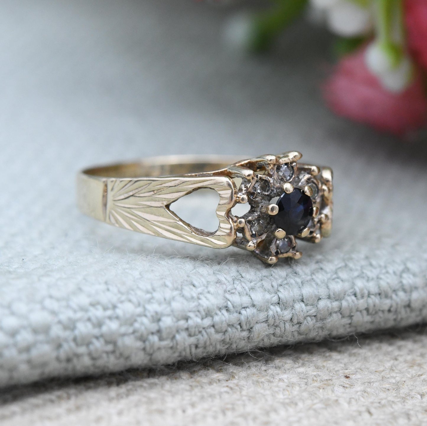 Vintage 9ct Gold Diamond and Sapphire Floral Cluster Ring 1978 with Open Heart Shoulders - Deep Blue | Small UK Size - K | US Size - 5 1/4