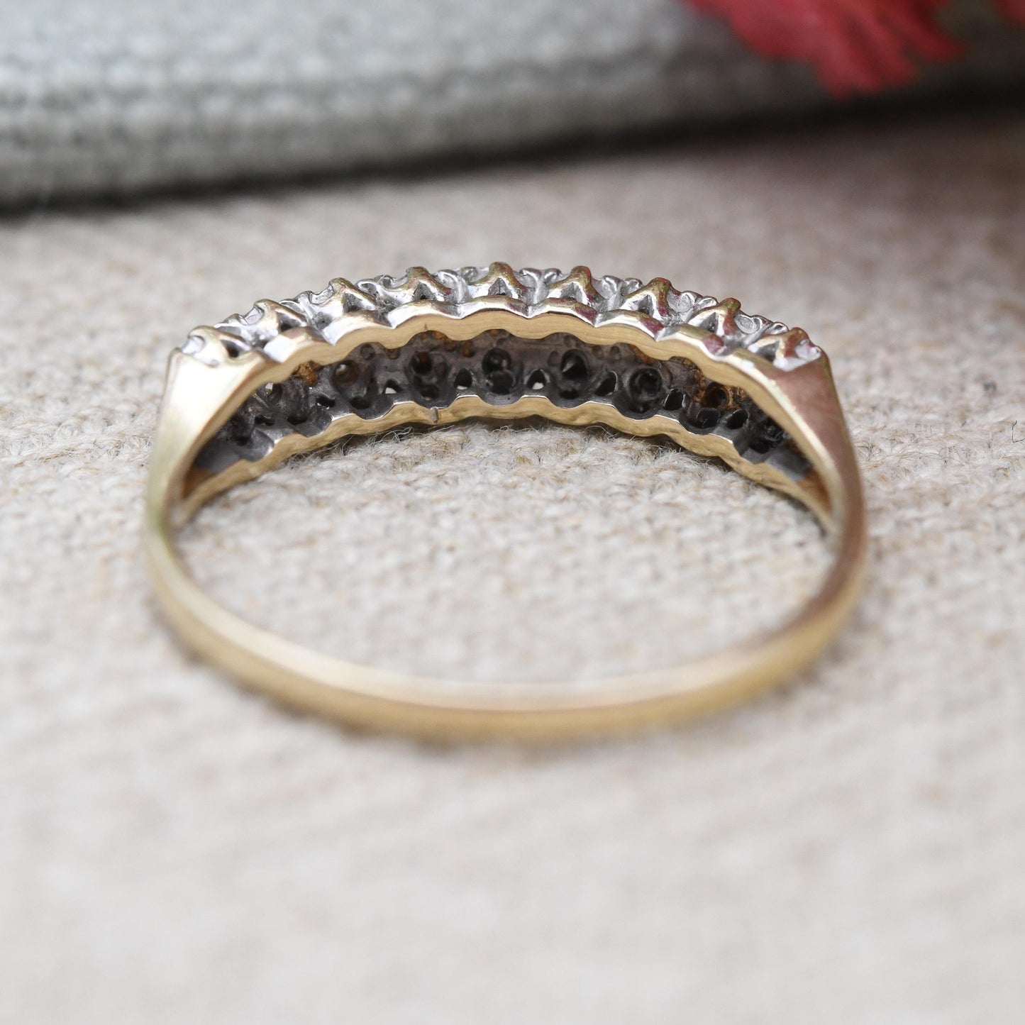 Vintage 9ct Gold and Diamond Half Eternity Ring 1989 - Flush Stones Double Row Hoop Ring Diamond Ring Stack Gift | UK Size - O | US Size - 7