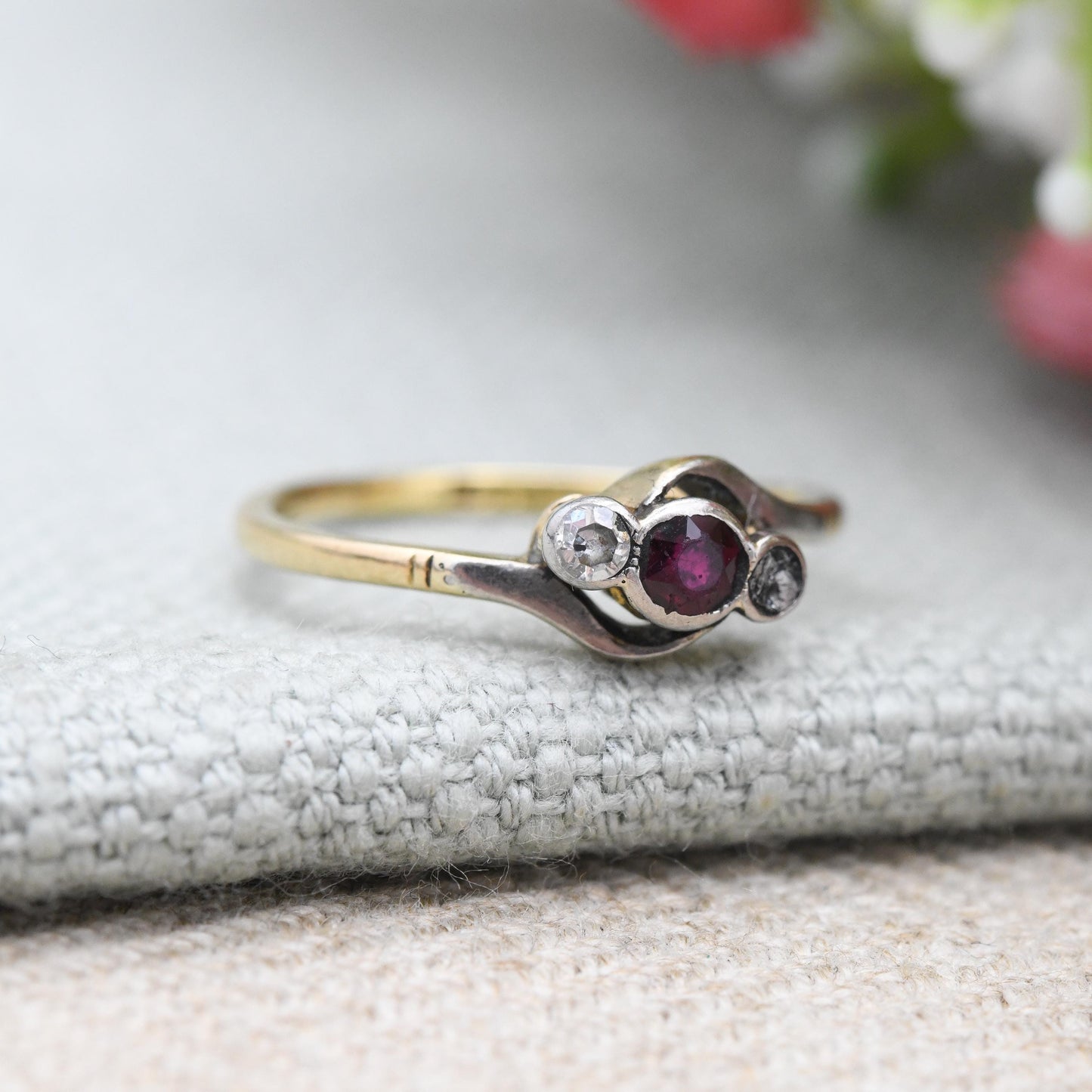 Antique 18ct Gold Ruby and Diamond Ring c. 1910 Three Stone Twist - Delicate Jewellery | Anniversary Gift | UK Size - M | US Size - 6 1/4