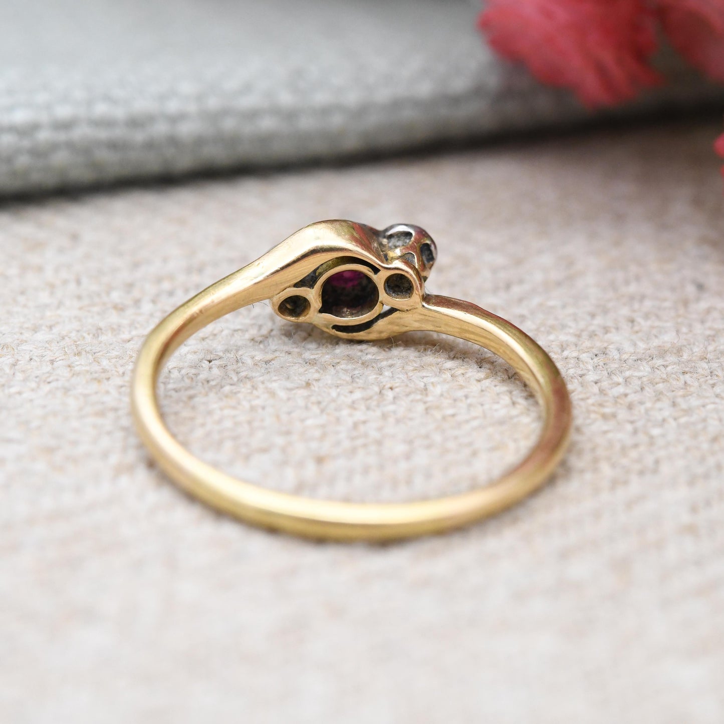 Antique 18ct Gold Ruby and Diamond Ring c. 1910 Three Stone Twist - Delicate Jewellery | Anniversary Gift | UK Size - M | US Size - 6 1/4