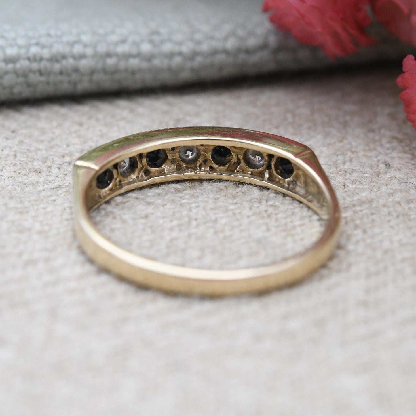 Vintage 9ct Gold Sapphire and CZ Half Eternity Ring 1990 - Half Hoop Alternate Blue White Gem Stacking Ring | UK Size - P | US Size - 7 3/4