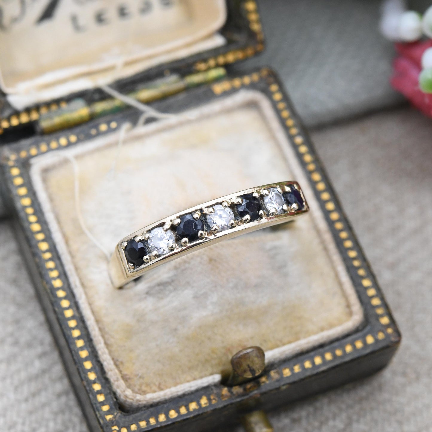 Vintage 9ct Gold Sapphire and CZ Half Eternity Ring 1990 - Half Hoop Alternate Blue White Gem Stacking Ring | UK Size - P | US Size - 7 3/4