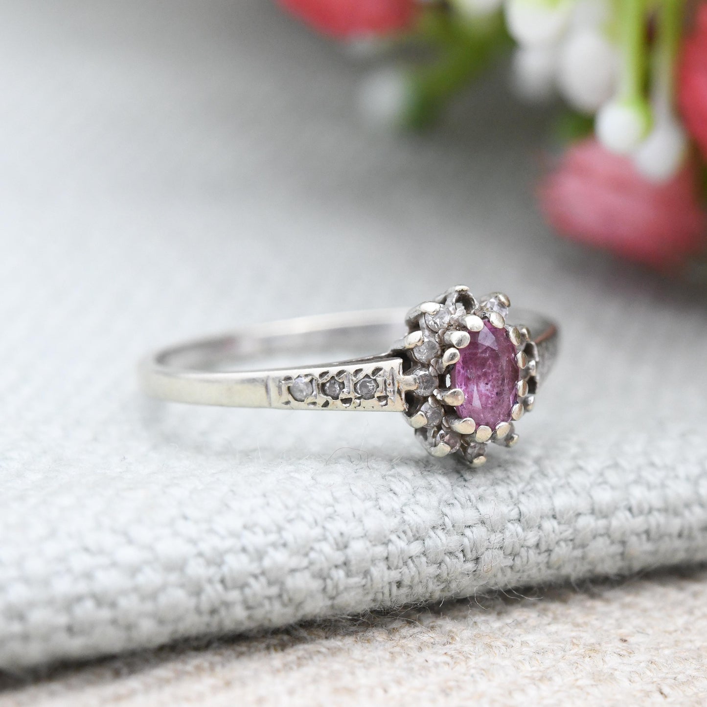 Vintage 9ct Gold Ruby and Diamond Halo Ring Slade and Kempton S&K c. 1980s - Pink Stone Gold Jewellery | UK Size - P | US Size - 7 3/4