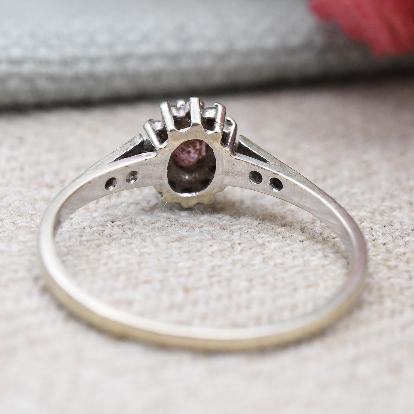 Vintage 9ct Gold Ruby and Diamond Halo Ring Slade and Kempton S&K c. 1980s - Pink Stone Gold Jewellery | UK Size - P | US Size - 7 3/4