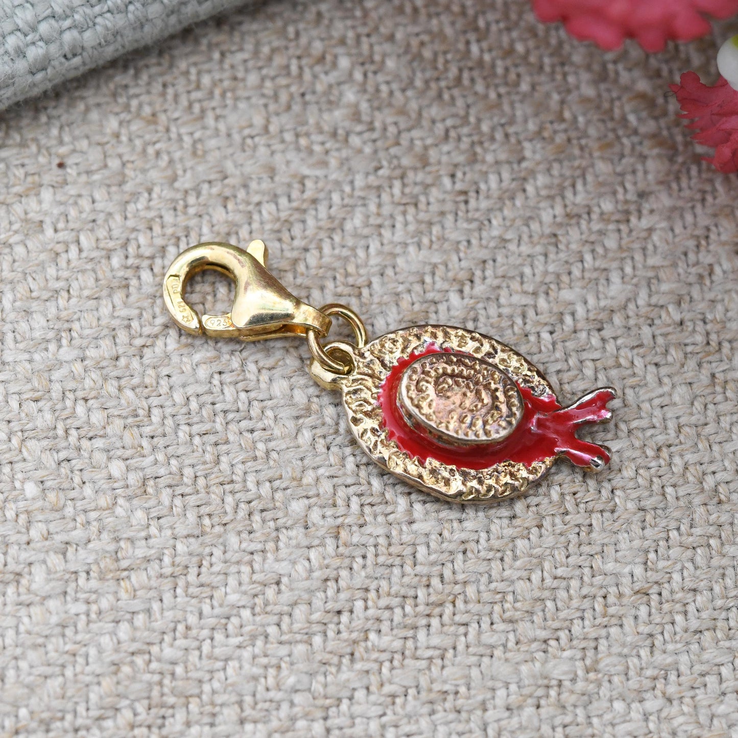Vintage Sterling Silver Straw Hat Charm with Red Enamel Ribbon Lobster Clasp - Gold Plated Silver Charm | Countryside Theme Rural Pendant