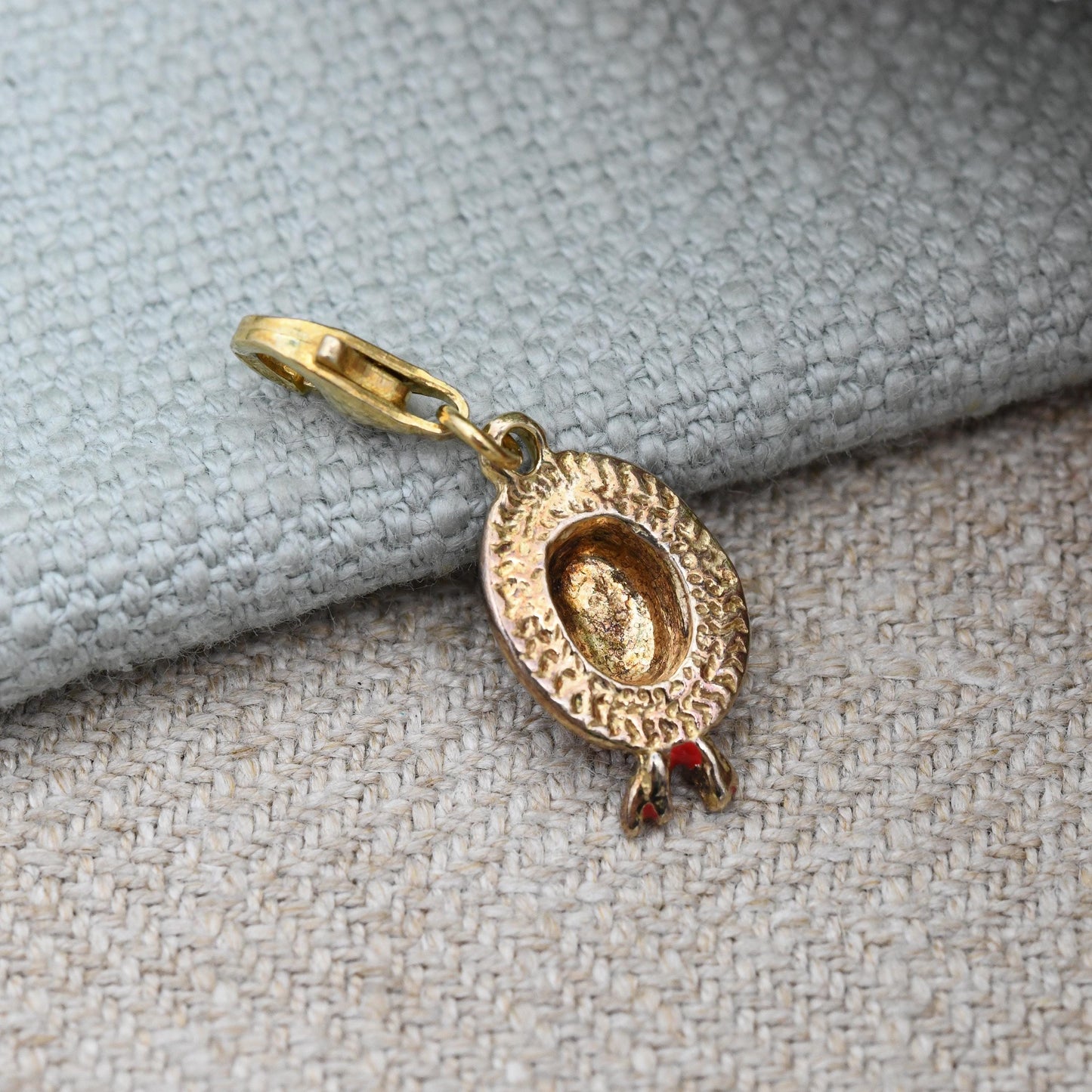 Vintage Sterling Silver Straw Hat Charm with Red Enamel Ribbon Lobster Clasp - Gold Plated Silver Charm | Countryside Theme Rural Pendant