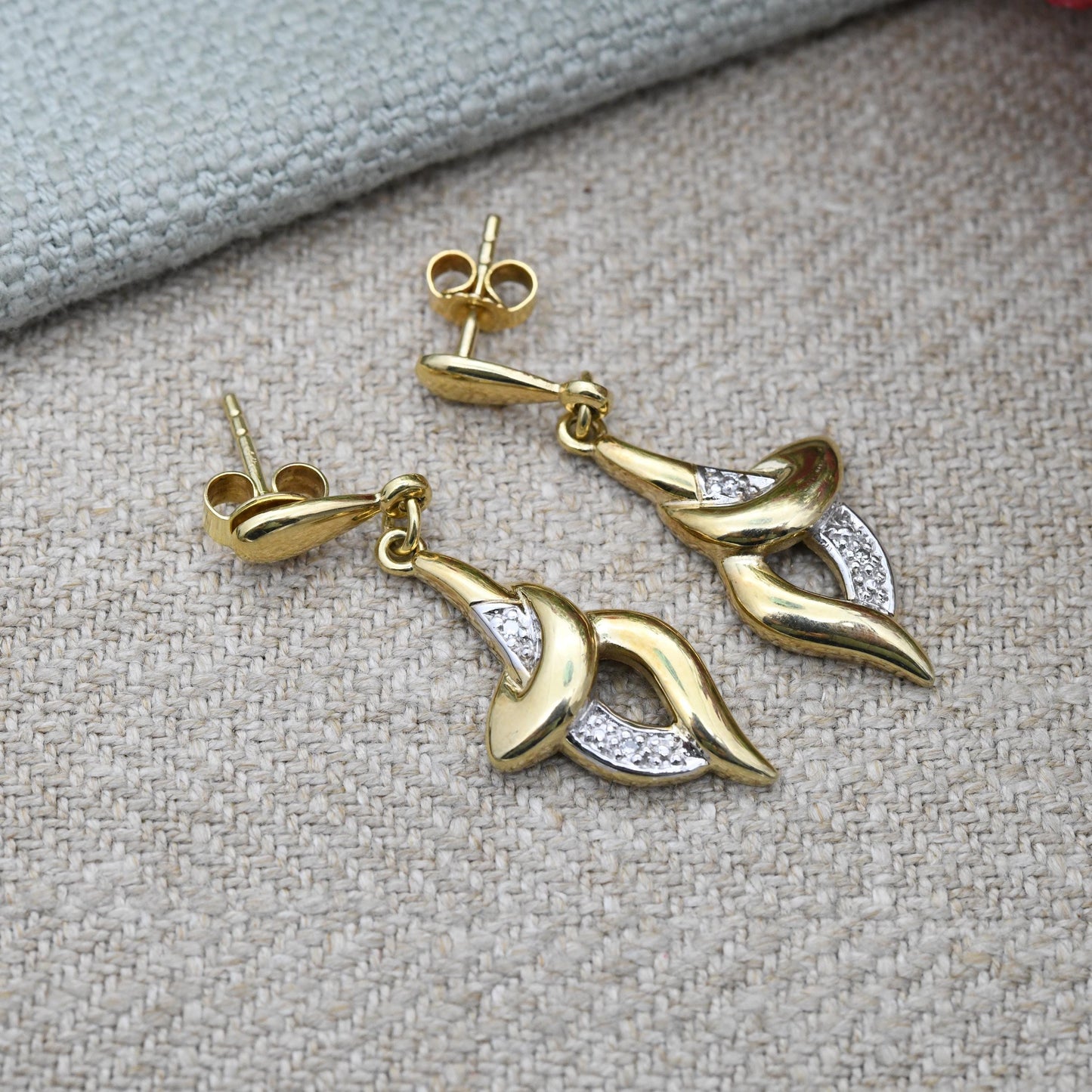 Vintage 9ct Gold and Diamond Drop Earrings - Two Tone Delicate Yellow Gold Stud Dangle Earrings with Butterfly Backs | Sculptural Design