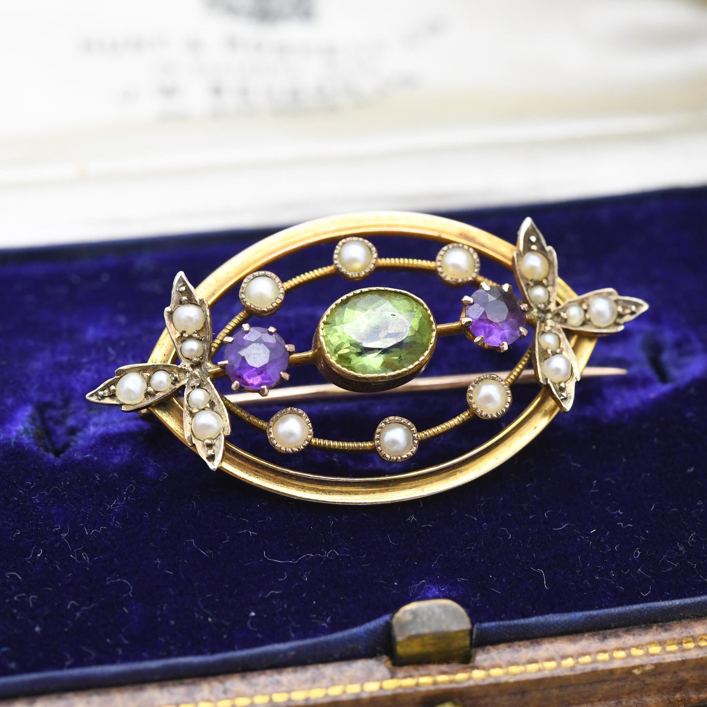 Antique 9ct Gold Suffragette Gemstone Brooch with Peridot Amethyst Pearl c. 1910s Edwardian - Milgrain Detail | Votes for Women Jewellery