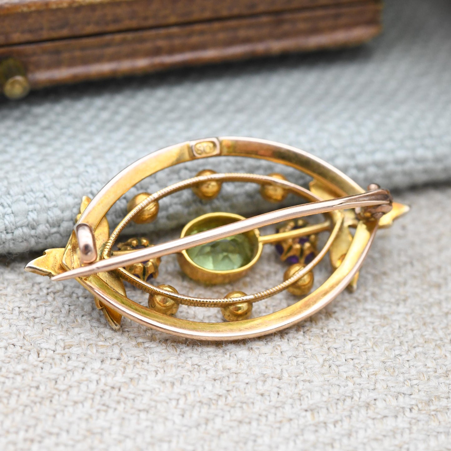 Antique 9ct Gold Suffragette Gemstone Brooch with Peridot Amethyst Pearl c. 1910s Edwardian - Milgrain Detail | Votes for Women Jewellery