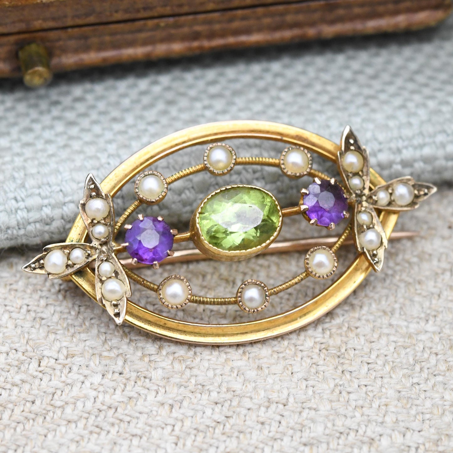 Antique 9ct Gold Suffragette Gemstone Brooch with Peridot Amethyst Pearl c. 1910s Edwardian - Milgrain Detail | Votes for Women Jewellery