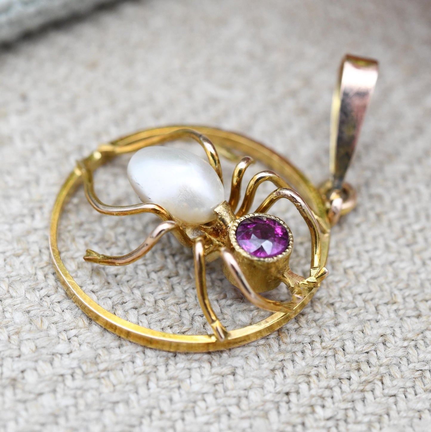 Antique 9ct Gold Spider Pendant with Amethyst and Pearl Body c. 1910s Edwardian - Pretty Insect Charm for Necklace | Gold Jewellery Gift