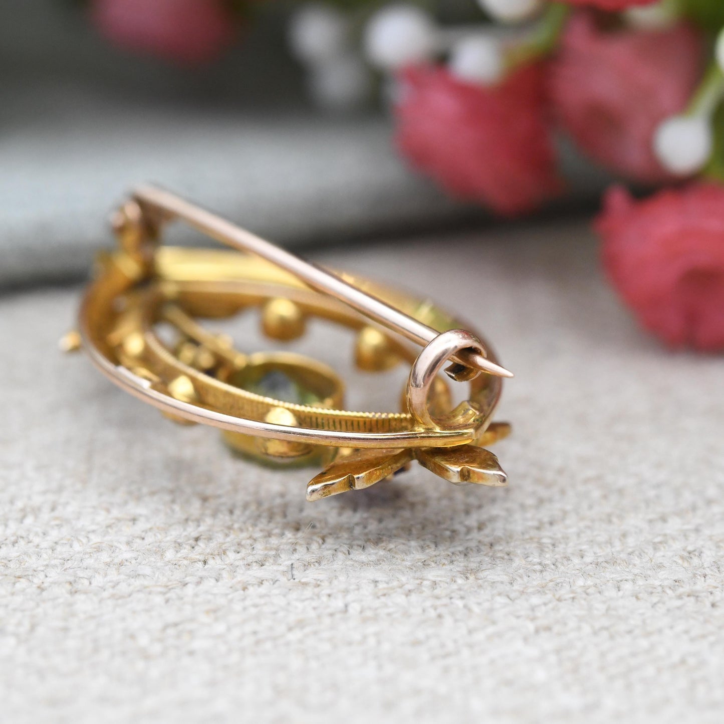 Antique 9ct Gold Suffragette Gemstone Brooch with Peridot Amethyst Pearl c. 1910s Edwardian - Milgrain Detail | Votes for Women Jewellery