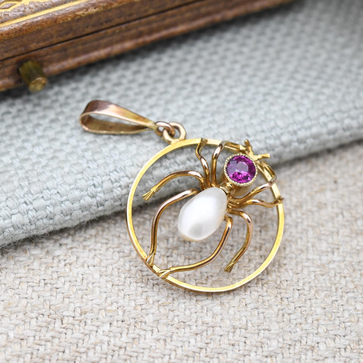Antique 9ct Gold Spider Pendant with Amethyst and Pearl Body c. 1910s Edwardian - Pretty Insect Charm for Necklace | Gold Jewellery Gift