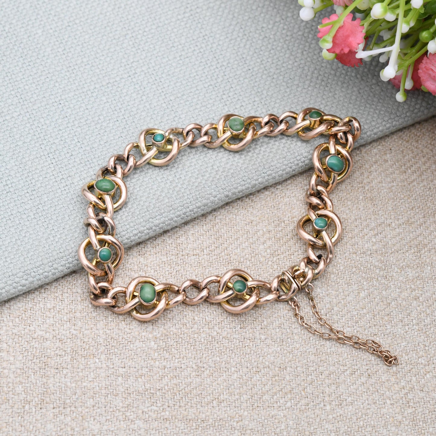 Antique Victorian 9ct Gold Turquoise Bracelet Quatrefoil Knot and Curb Link Design - Oval and Round Cabochon Gemstones | Celtic Knot Symbol