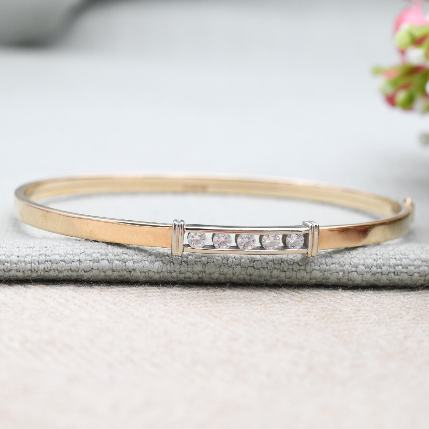 Vintage 9ct Gold CZ Bangle Bracelet KMS 9K - Minimal Clear Five Stone Design | Two Tone Yellow Gold White Gold | Solid Gold Jewellery Gift