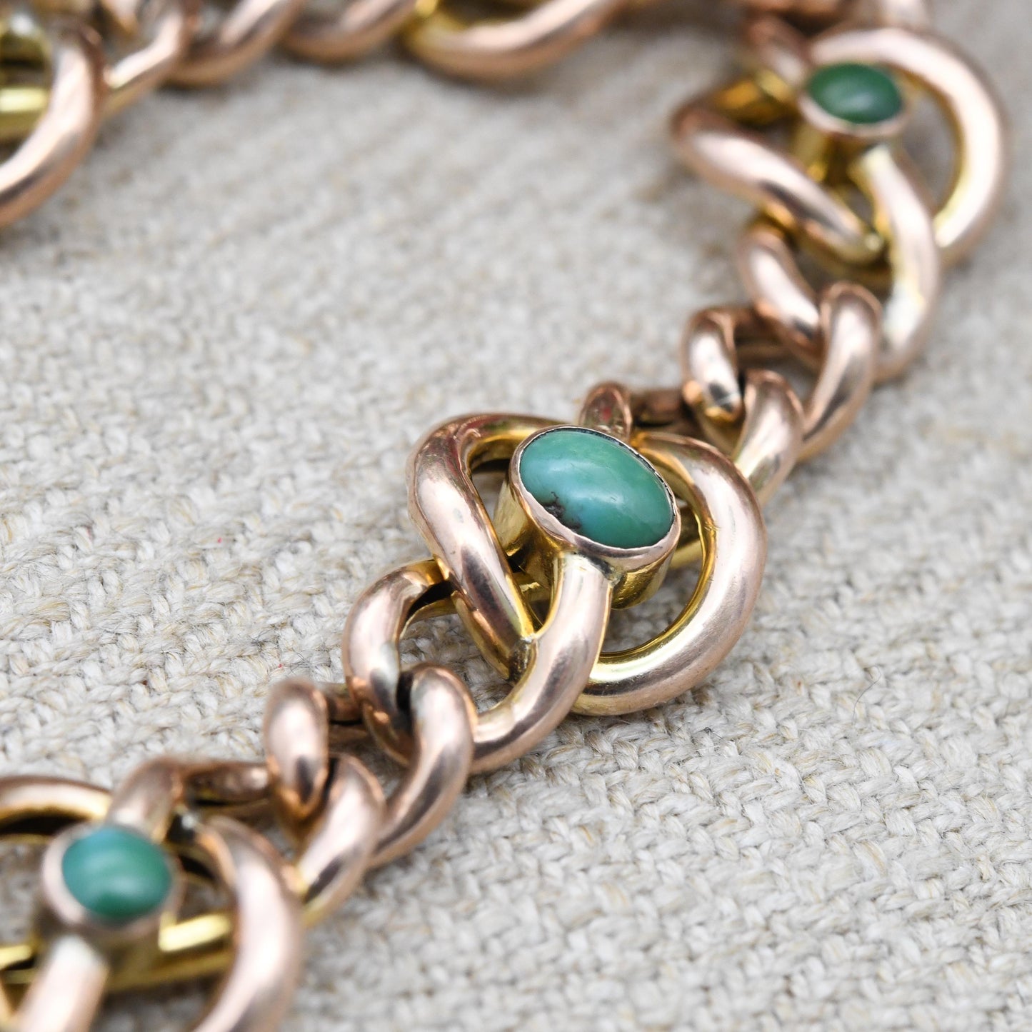 Antique Victorian 9ct Gold Turquoise Bracelet Quatrefoil Knot and Curb Link Design - Oval and Round Cabochon Gemstones | Celtic Knot Symbol